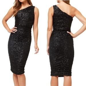 Love by Design Sequin One Shoulder Dress Sleeveless Bodycon Midi Black NWT M